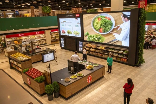 Démonstration culinaire en magasin avec un chef faisant la démonstration de recettes.