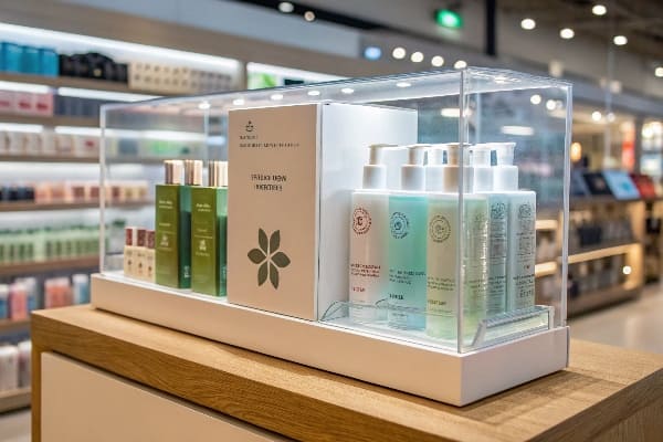 Витрина розничного магазина аккуратно организованных продуктов по уходу за кожей на акриловом дисплее