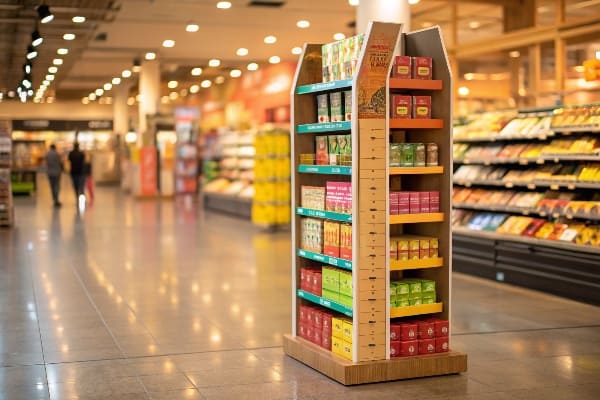 Отдельно стоящий в супермаркете дисплей с аккуратно организованными продуктами для здоровья и здоровья.