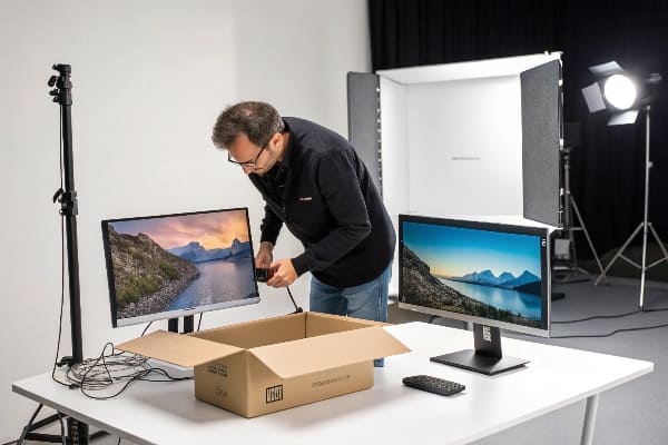 Hombre desempaquetando monitores en la configuración del estudio