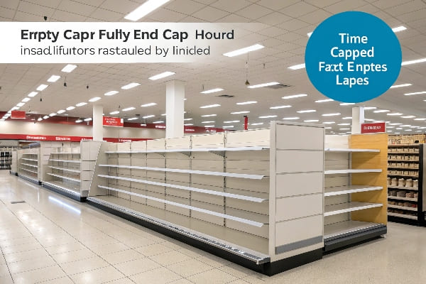 Los estantes de la tapa del extremo de supermercado vacío con gráficos de marcador de posición y texto.