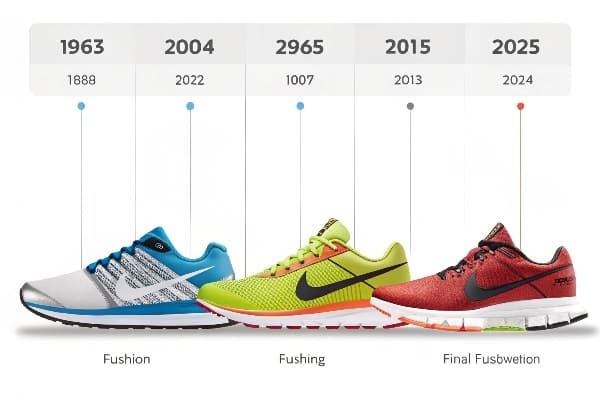 1963年から2025年までのランニングシューズデザインの進化を示すタイムライン。