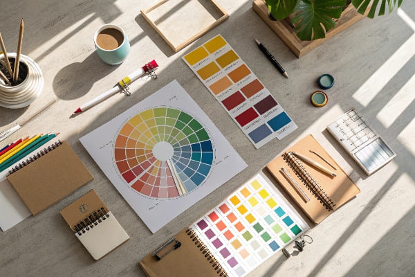 Payage plat de palettes de couleurs, d'échantillons et d'outils artistiques disposés autour d'une roue chromatique sur un bureau ensoleillé.