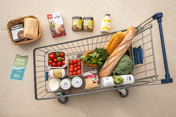 新鮮な野菜、バゲット、乳製品、包装商品で満たされたショッピングカートのトップダウンビュー。