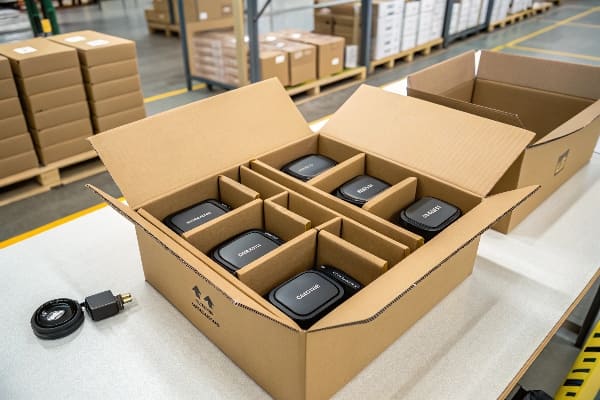 打开仓库中有多个产品舱的打开纸板箱