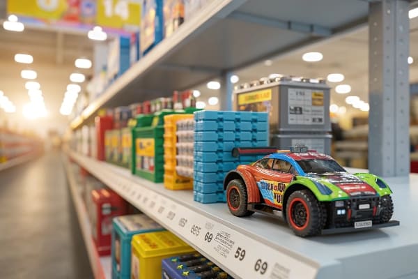Покрытие магазина игрушек с красочным гоночным автомобилем и аккуратно расположенными продуктами.