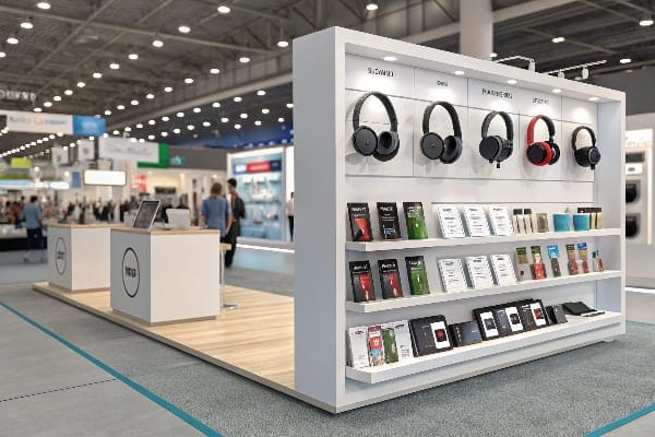 Booth de ferias comerciales con productos como auriculares y dispositivos tecnológicos.