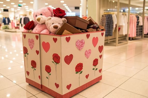 Bac décoratif de la Saint-Valentin avec ours en peluche et emballage sur le thème du cœur dans un grand magasin