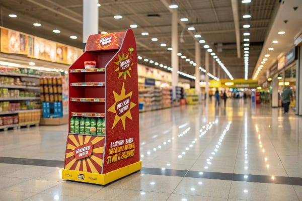 Stand de piso de cartón rojo atrevido con productos de bocadillo en el pasillo de supermercado