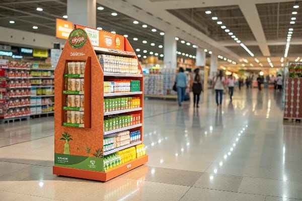 Pantalla de cartón corrugado con productos alimenticios naturales en el pasillo de comestibles