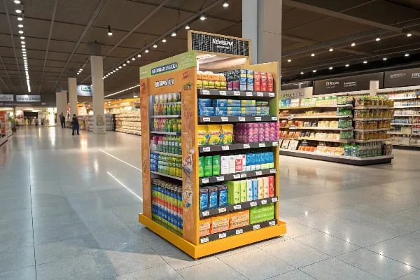 সুপারমার্কেটে বিভিন্ন ধরণের পানীয় এবং খাবার সহ প্রাণবন্ত এন্ডক্যাপ ডিসপ্লে