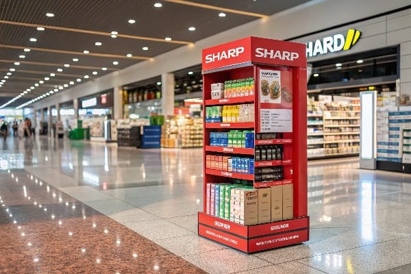 Pantalla de piso de cartón rojo brillante con productos alimenticios en el entorno minorista