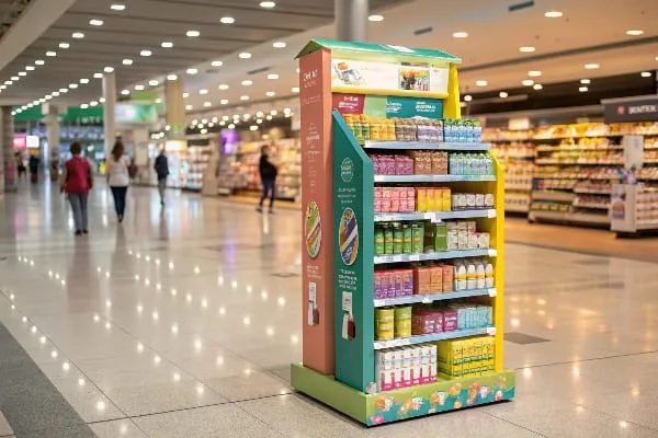 ভিটামিন এবং সম্পূরক সহ রঙিন পূর্ণ-উচ্চতার কার্ডবোর্ডের প্রদর্শনী