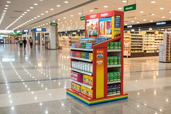 সুপারমার্কেটে বিভিন্ন ধরণের খাবার এবং পানীয় সহ উজ্জ্বল, পূর্ণ-রঙিন কার্ডবোর্ডের ডিসপ্লে স্ট্যান্ড