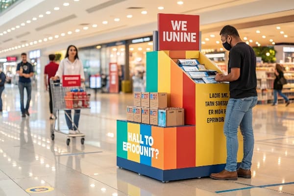 Quiosco minorista interactivo con paneles coloridos y clientes que usan pantalla táctil en un centro comercial.