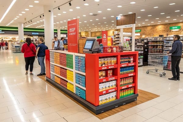 スーパーマーケットのカラフルなパッケージ製品とデジタル決済端末を備えた大規模なチェックアウトディスプレイ。