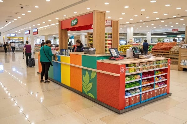 Comptoir de caisse de produit frais avec conception vibrante et emballage coloré dans un supermarché.