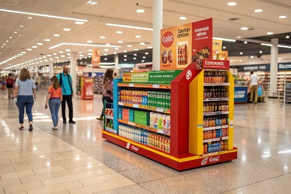 Support de supermarché coloré avec divers aliments emballés dans une allée de shopping chargée.