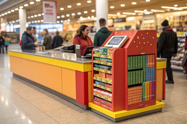 Compact checkout display with colorful packaged goods and integrated digital payment terminal.