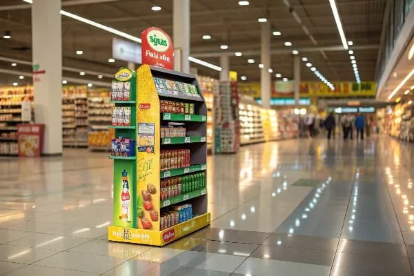 সুপারমার্কেটের আইলে মিশ্র খাবার সহ উজ্জ্বল হলুদ কার্ডবোর্ডের মেঝের স্ট্যান্ড