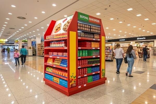 Large freestanding supermarket display with vibrant packaged food items and bold signage.