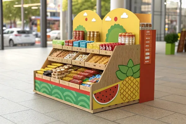 鮮やかなパッケージとトロピカルフルーツのデザインを使用したカラフルなスナックディスプレイ。.