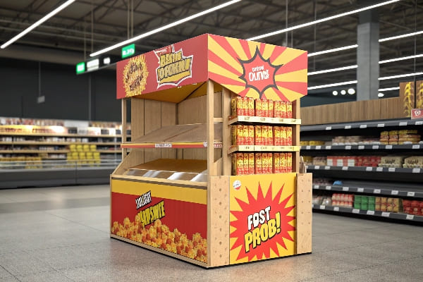 Pantalla de palomitas de maíz en negrita con gráficos de estilo cómico en un supermercado.