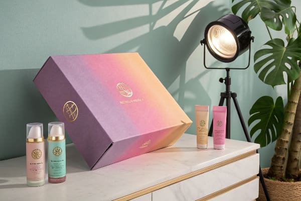 Gradientenverpackungsbox mit Hautpflegeprodukten und Studio Light Setup
