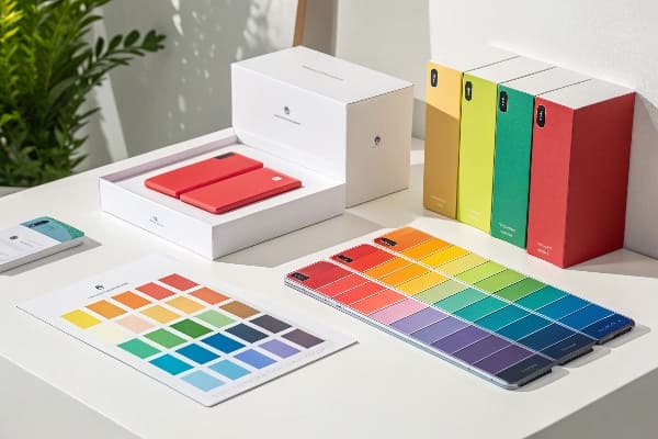在明亮的创意空间中的白色桌子上显示了五颜六色的包装样品和色板。