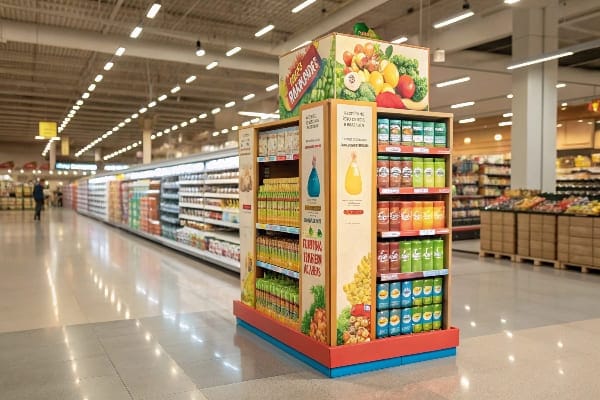 Pantalla de cartón end de vibrante con productos de jugo en el supermercado