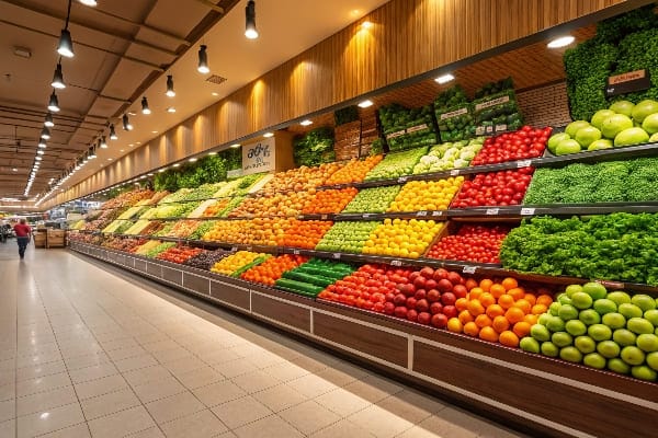 きちんと配置された果物と野菜を備えた活気のある農産物セクション。