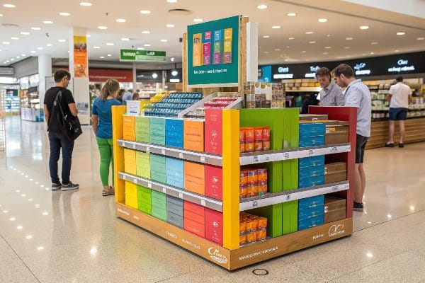 Pantalla de punto de compra vibrante con cajas y productos coloridos en un entorno minorista moderno.