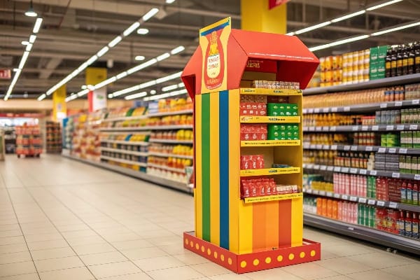 食料品店の通路でのカラフルな購入地点ディスプレイ。