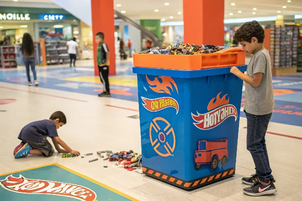 Les enfants jouant avec des voitures de jouets autour de Brandled Hot Wheels présentent une poubelle