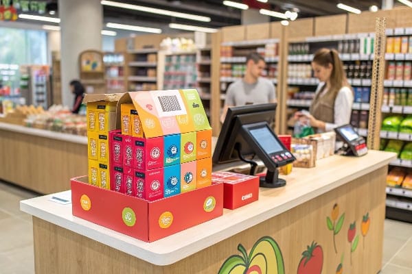 Cajas de productos coloridos que se muestran en un mostrador minorista.