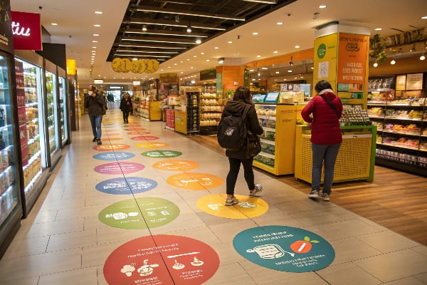 Las personas que compran en un mercado orgánico vibrante con coloridos gráficos de piso y pantallas de alimentos.