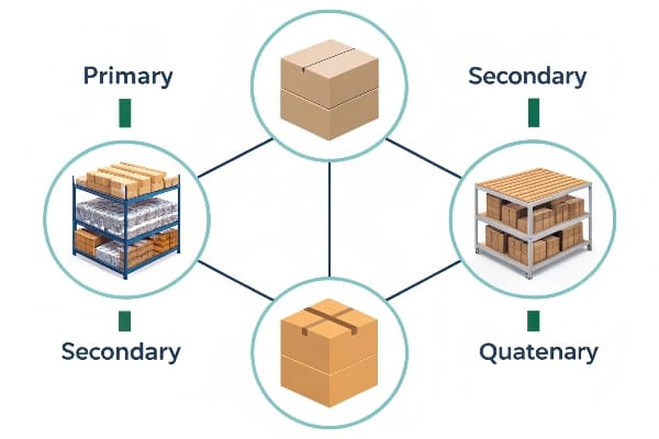 Diagrama mostrando níveis primários de embalagem quaternário com caixas e racks.