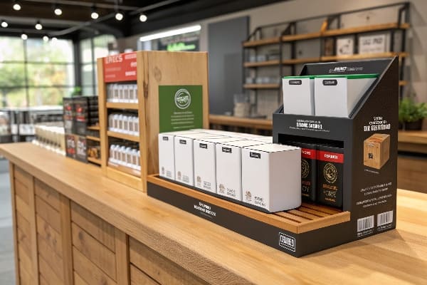 Einzelhandelsdisplay -Regale mit einheitlichen Produktverpackungen im Laden