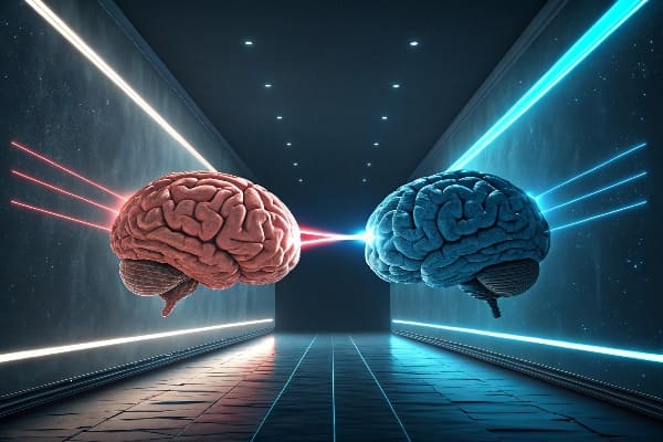 SFの廊下でレーザービームを接続する2つの浮遊脳が互いに向き合っています。
