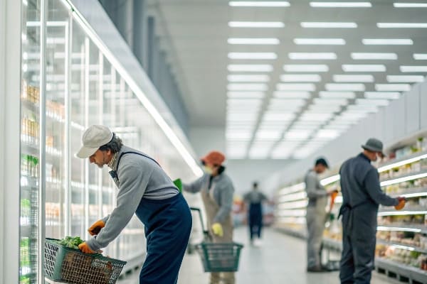 労働者は棚を詰め、明るく照らされた食料品店の通路でアイテムを整理します。