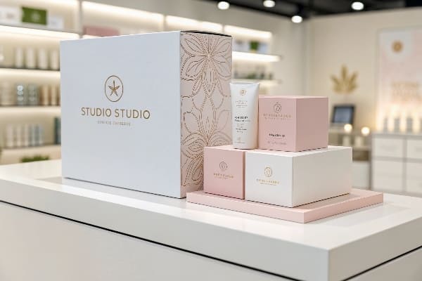 白色柜台上的简约护肤产品包装
