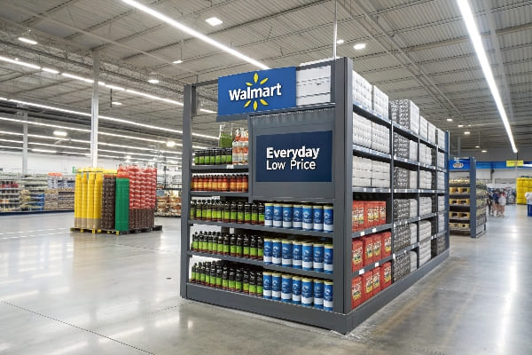 EndCap Walmart с энергетическими напитками и консервами под знаком «повседневная низкая цена»