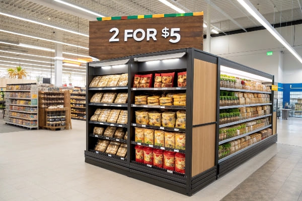 Tapón final de estilo Walmart con bocadillos envasados y señal de precios en negrita por $ 5 por $ 5 '