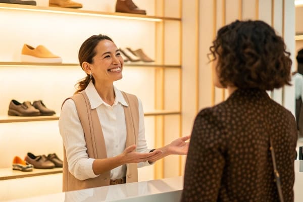 Smiling Retail Associate ayudando a un cliente en una zapatería moderna.
