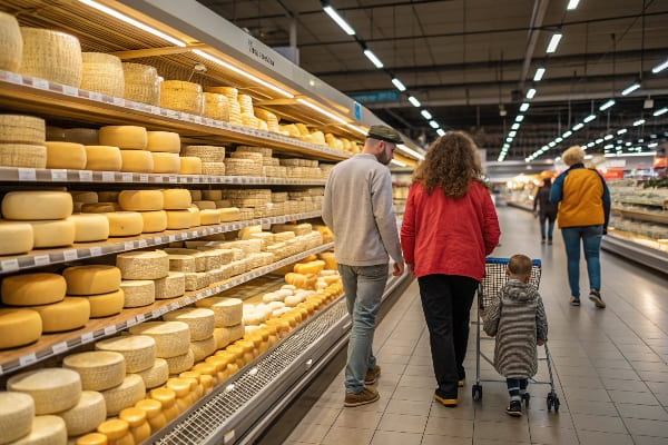 Família andando pela seção de queijo no supermercado
