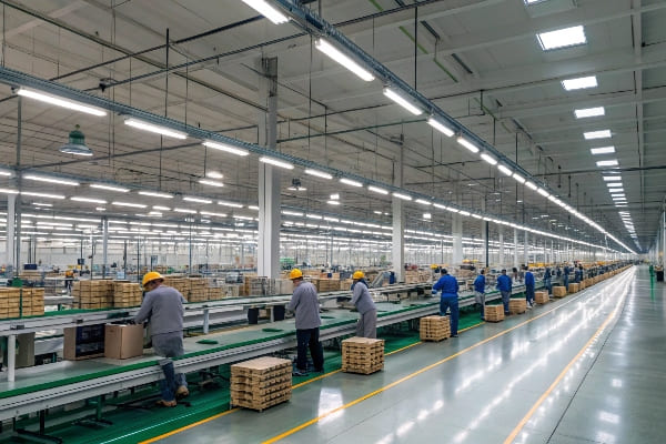 Moderne Fabrik mit Arbeitern, die Kisten auf einer langen Produktionslinie zusammenstellen
