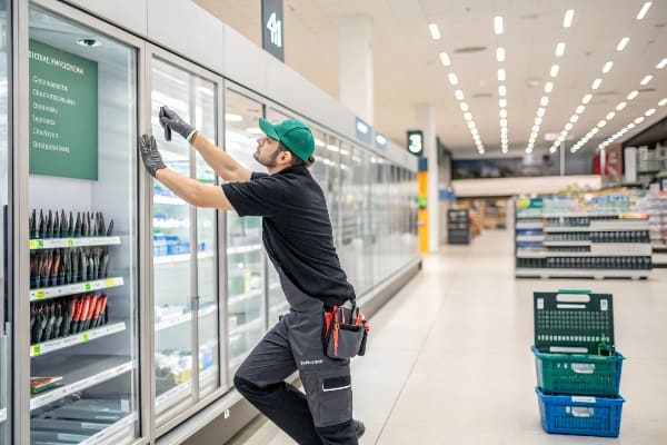 Trabajador ajustando la señalización en el pasillo de comestibles refrigerados