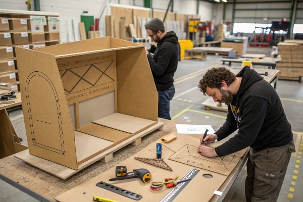 Dos hombres en el taller construyendo prototipo de pantalla minorista de cartón utilizando herramientas manuales