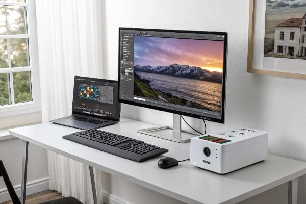 Configuração da estação de trabalho de mesa com monitor, laptop e dispositivo colorido