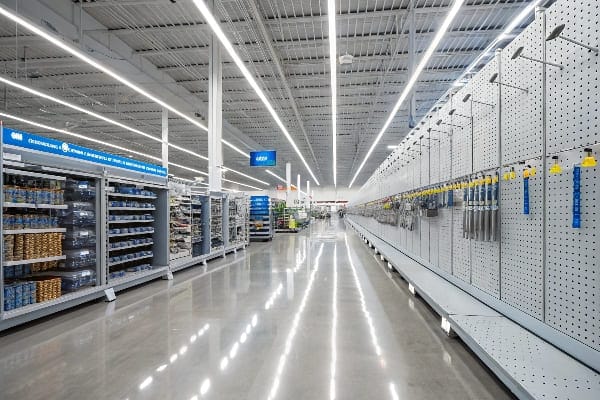 Aisle de la tienda de hardware ancho con estanterías cuidadosamente dispuestas.